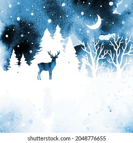 Watercolor winter foggy vector landscape with deer. Forest, snow, animal and place for text. Template frame for poster, postcard, banner