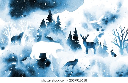 Paisaje vectorial de niebla de invierno acuarela con animales. Bosque, nieve, ciervo, lobo, zorro, búho, liebre y oso. Ilustración para afiches, postales, banners, imprimir