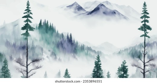 Watercolor winter forest landscape background. Beautiful watercolor nature landscape with mountains and forest.Watercolor illustration design elements for  landscape background and wallpaper.