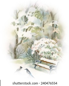 Watercolor winter forest with pine trees on white background vector illustration