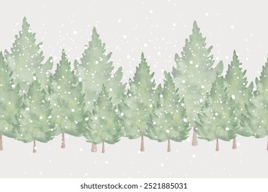 Watercolor winter forest, seamless border line, ribbon design for christmas decor