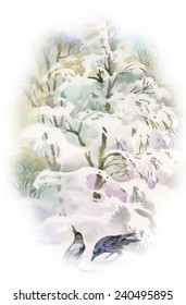 Watercolor winter forest with trees and birds on white background vector illustration