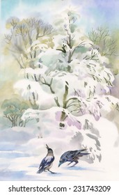 Aquareller Winterwald mit Bäumen und Krähen auf Schnee Vektorillustration Illustration
