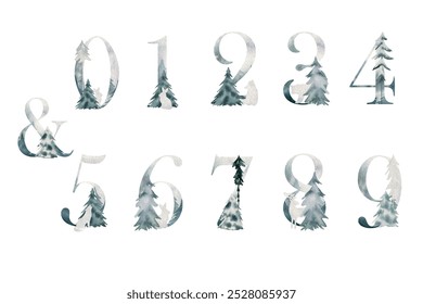 Watercolor winter forest vector numbers for invitation card, poster and other.