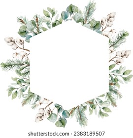 Watercolor winter frame in hexagon shape. Hand painted plant card with eucalyptus, branches of christmas tree and cotton branches isolated on white. Template with space for text, greeting cards, invit