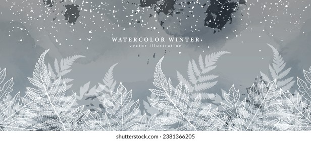 Watercolor winter gray background with unusual leaves, splashes and snow. Vector background for decor, wallpaper, covers, cards and presentations.