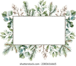 Watercolor winter greenery frame, Christmas card template. Hand painted pine and fir tree branches, cotton. Winter Holiday rectangle golden border. Template with space for text, greeting cards, invita