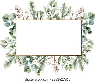 Watercolor winter greenery frame, Christmas card template. Hand painted pine and fir tree branches, cotton. Winter Holiday rectangle golden border. Template with space for text, greeting cards.