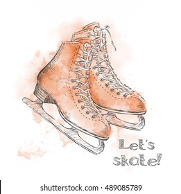 Watercolor winter holidays card with ice skates cartoon sketch. Hand draw illustration