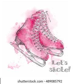 Watercolor winter holidays card with ice skates cartoon sketch. Hand draw illustration