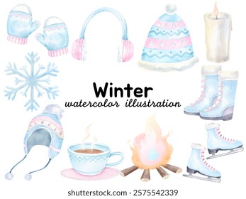 Watercolor Winter Illustration: Featuring Mittens, Earmuffs, Hat, Snowflake, Ice Skates, Candle, Firepit, and Hot Cocoa for Seasonal Designs and Holiday Art Projects