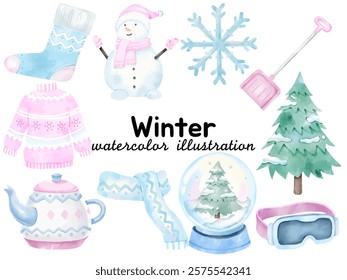 Watercolor Winter Illustration: Featuring Snowman, Sweater, Snowflake, Shovel, Pine Tree, Scarf, Kettle, and Snow Globe for Seasonal Projects and Holiday-Themed Art