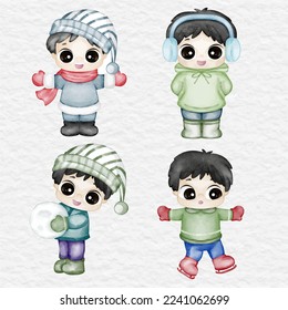 watercolor winter kids boy and girl character element collection