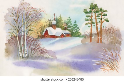 Watercolor winter landscape with church vector illustration
