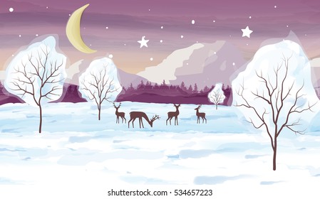 Watercolor Winter Landscape with Deer Vector Illustration 