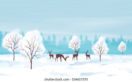 Paisagem de inverno aquarela com ilustração vetorial veado