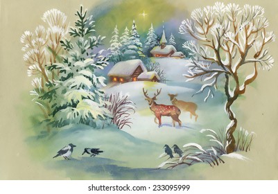Watercolor winter landscape with deers vector illustration