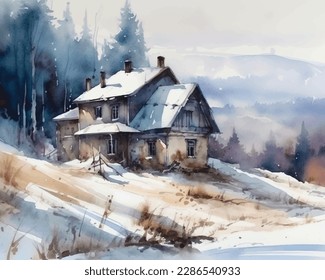 Watercolor winter landscape with house and pine trees Pro Vector
