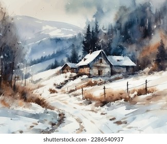 Watercolor winter landscape with house and pine trees Pro Vector
