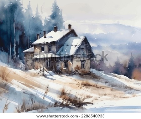 Watercolor winter landscape with house and pine trees Pro Vector
