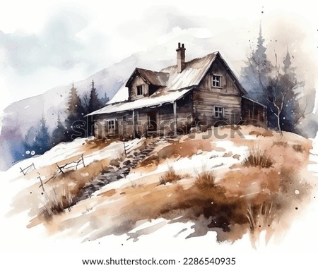 Watercolor winter landscape with house and pine trees Pro Vector
