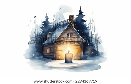 watercolor winter landscape painting with a pondlake and a country house
Village during winter in a painted fantasy style forest with trees
Winter paintings landscape, house in the forest, house