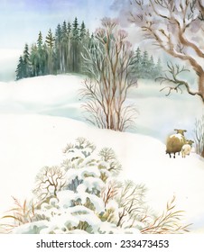 Watercolor winter landscape with sheeps vector illustration