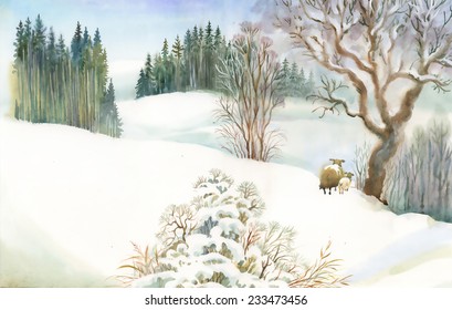 Watercolor winter landscape with sheeps vector illustration