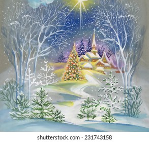 Watercolor winter landscape vector illustration