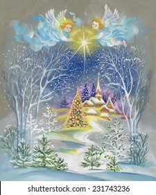 Watercolor winter landscape vector illustration