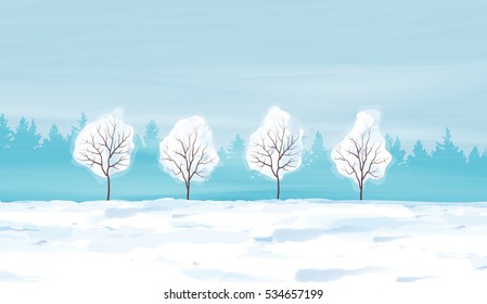 Watercolor Winter Landscape Vector Illustration.