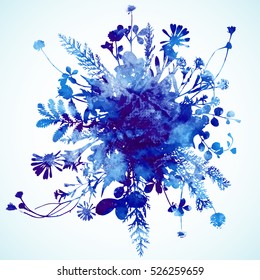 Watercolor winter leaves background. Abstract art vector illustration of natural realistic flowers and leaves silhouettes in winter frozen blue colors. Flower silhouette with art watercolor texture