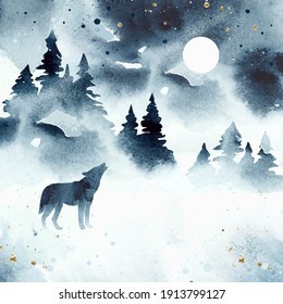 Watercolor winter magic vector landscape isolated on white dackground. Vector silhouette of wolf howling at the full moon. Forest and animal under night sky