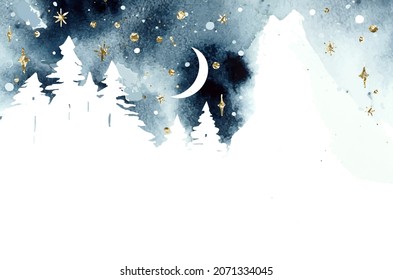 Acuarela de invierno mágico paisaje vectorial con bosque bajo cielo nocturno. plantilla de Navidad. С bosque, montaña, luna y manchas de agua abstractas. Colocar texto o ilustración. 