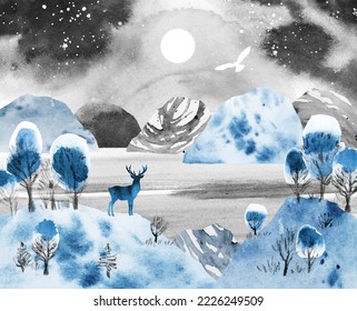 Watercolor winter magic vector landscape in blue, black and white colors. Forest, lake, mountains, reindeer  and owl under night sky. Hand drawn illustration with animals