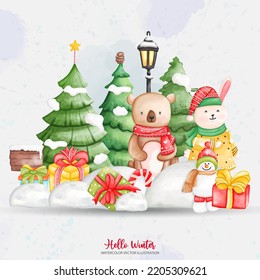 Watercolor Winter Panda and Bunny. Christmas Element