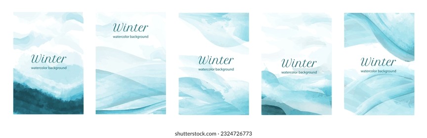 Watercolor winter posters set. Creative abstract banners with blue brush strokes. Delicate luxury covers and backgrounds for design of brochure and wedding invitation. Cartoon flat vector illustration
