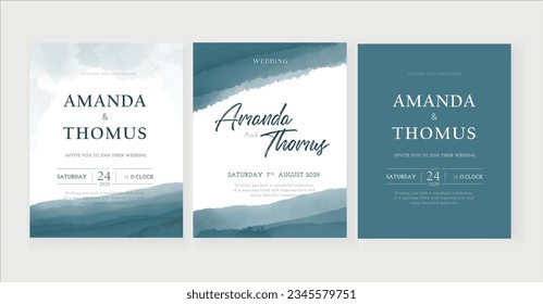 Watercolor winter posters set. Creative abstract banners with blue brush strokes. Delicate luxury covers and backgrounds for design of brochure and wedding invitation. Cartoon flat vector illustration