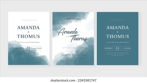 Watercolor winter posters set. Creative abstract banners with blue brush strokes. Delicate luxury covers and backgrounds for design of brochure and wedding invitation. Cartoon flat vector illustration