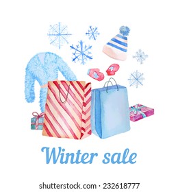 Watercolor Winter Sale card. Hand drawn shopping illustration with package, hat, gift box, snowflakes, fur coat and mittens. Vector fashion objects isolated on white background.