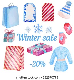 Watercolor Winter Sale objects isolated on white background. Hand drawn shopping illustration with package, hat, gift box, snowflakes, labels, fur coat and mittens. 