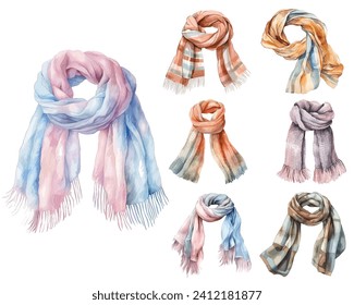 Watercolor winter scarves set, winter accessories, vector illustration