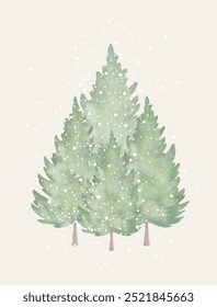 Watercolor winter scene with three evergreen trees covered in snowflakes against a light background