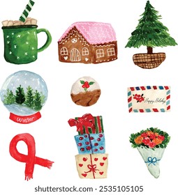 watercolor winter theme, gingerbread, pine tree, snow globe, present box, card, scarf, winter drinks, and  flower bouquet vector