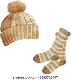 Watercolor Winter vector Christmas, New Year`s decor. Knitted orange hat and wool socks. Template, elements for greeting cards, invitation, poster, celebration, banner, print, party, greeting design.