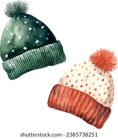 Watercolor Winter vector Christmas, New Year`s decor. Knitted red, green hats with ornament. Template, elements for greeting cards, invitation, poster, celebration, banner, print, party.