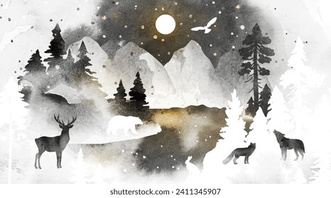 Watercolor winter vector landscape with animals. Forest, lake, mountains, snow, deer, wolf, fox, owl, hare and bear. Design for poster, postcard, banner in black, golden and white colors