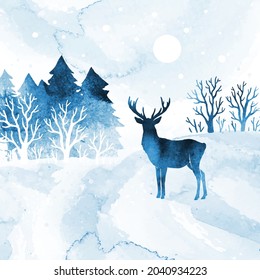 Watercolor winter vector landscape in blue colors. Illustration of coniferous forest, trees, deer ​under blue sky. Silhouette of reindeer. All elements, textures are individual objects