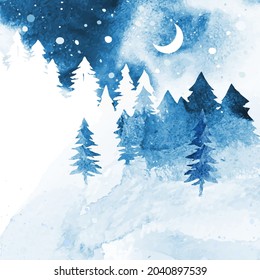 Watercolor winter vector landscape with forest under night sky in blue and white colors. Сoniferous forest, snow, moon and abstract watercolor splashes