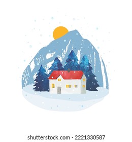 Watercolor winter vector rural landscape. Mountain, cozy house and snow. Travel concept. Hand drawn illustration for postcard, banner, poster, print
